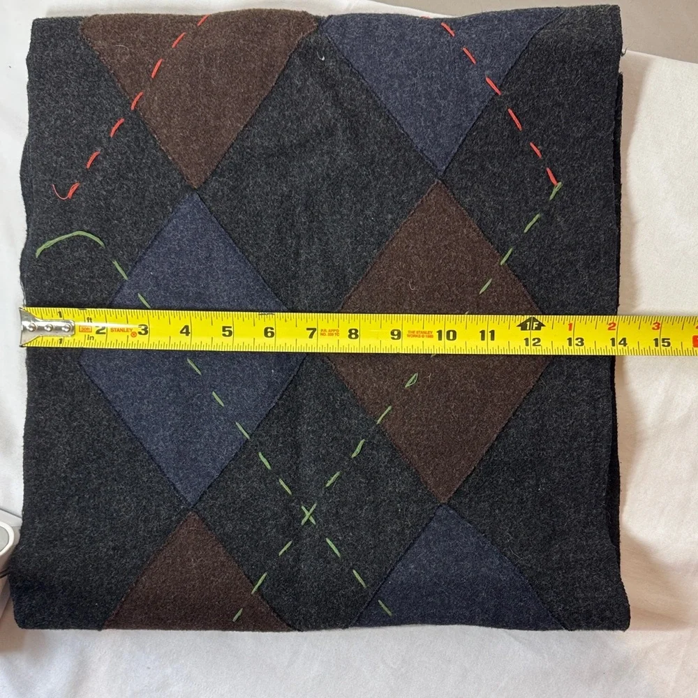 GAP Charcoal Wool Blend Scarf W/Blue & Brown Patches & Decorative Stitching